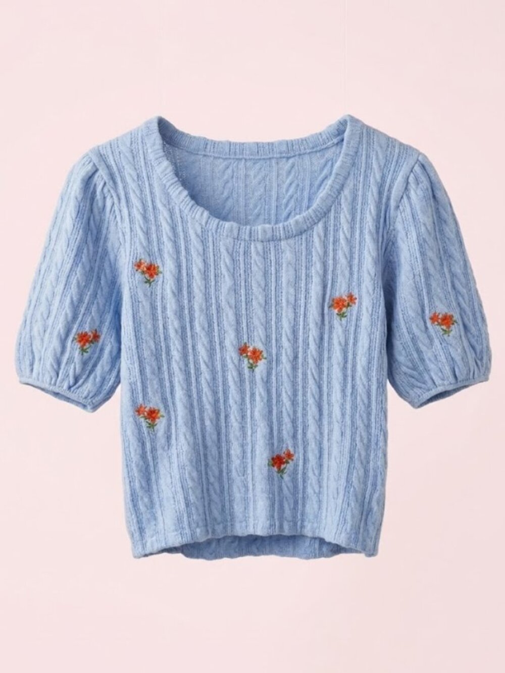 Zara Cotton-Blend Cable-Knit Cropped Sweater with Floral Embroidery M/L NWT